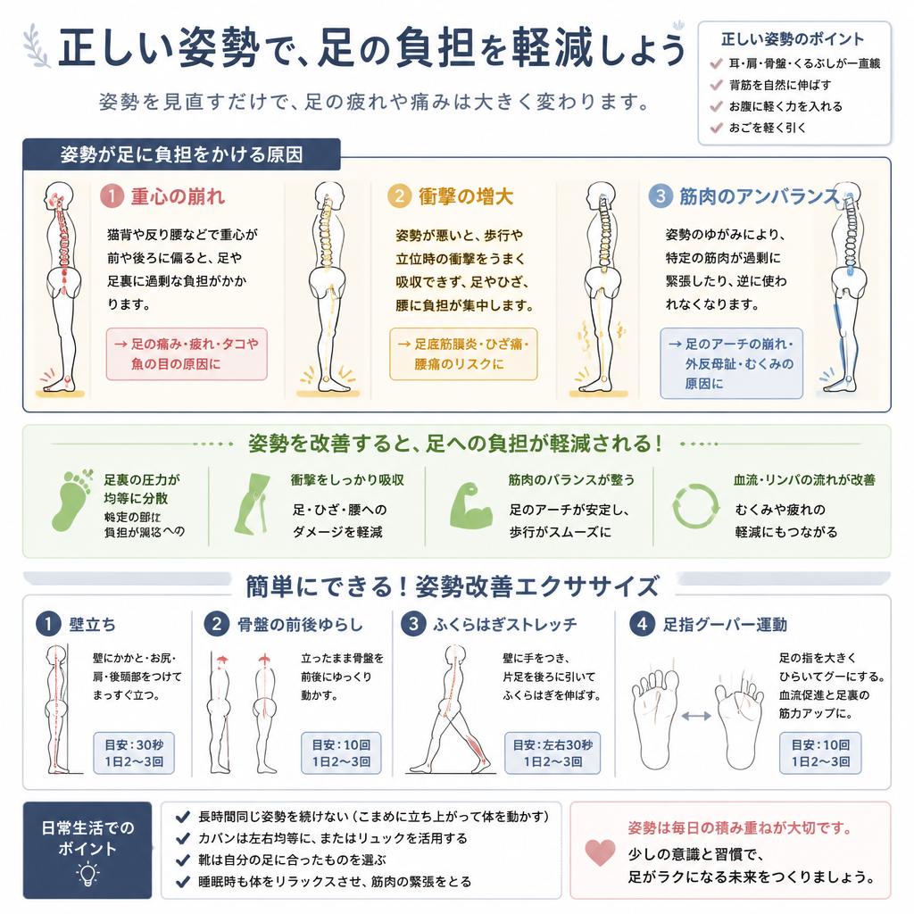 正しい姿勢で足の負担を軽減